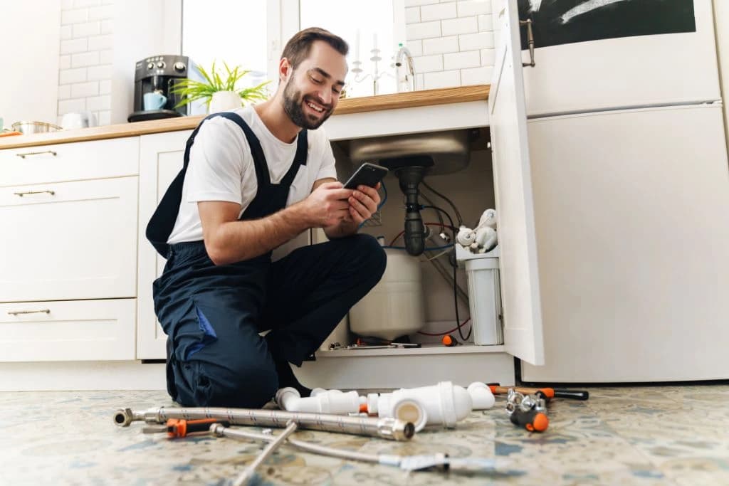 Drainage Contractor checking pipes under a sink