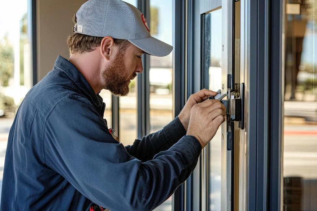 Locksmith working on glass door lock